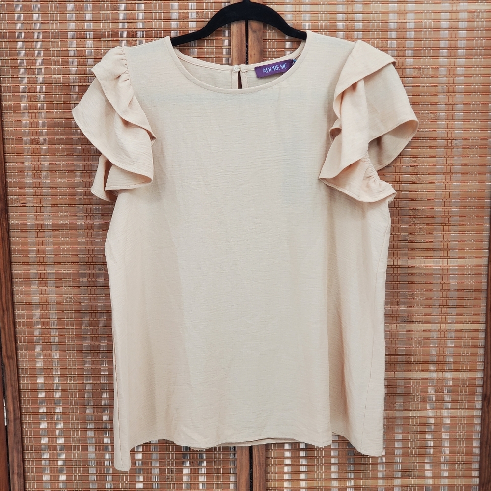♤ ADORE ME Tan Ruffle Flutter Sleeve Keyhole Back Blouse Size Medium